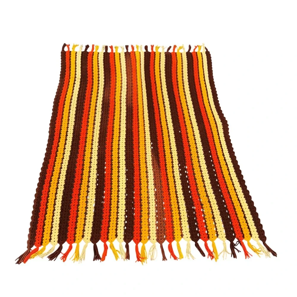 Vintage Handmade Vertical Striped Crochet Throw Blanket Retro‎ Tassels Flawed